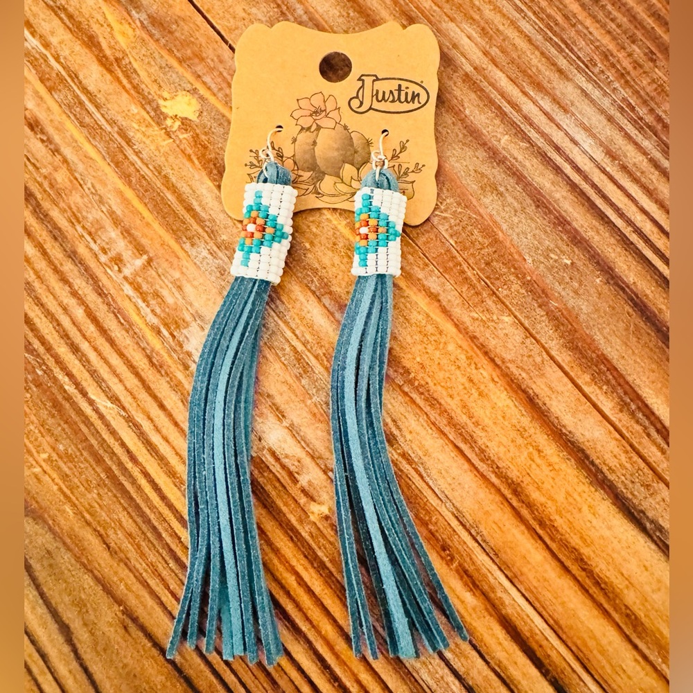 Justin Boots Teal and White Seed Beaded Leather Fringe Tassel Earrings New!